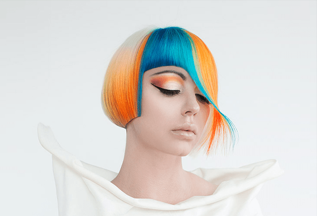orange turquoise coloring by Figaro salon Art Director selected as best Canadian Entry for Goldwell Colorzoom