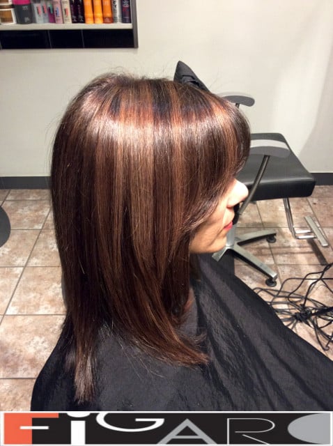 Layered Lob Cut, Rose Caramel Streaks on dark Brown Hair
