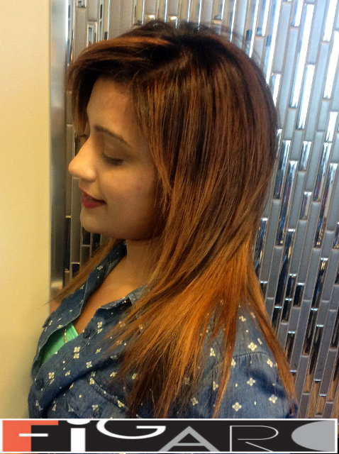 Long bob Cut Bronze Ombre Balayage for Brunette done by Figaro - Best Toronto's hair Salon