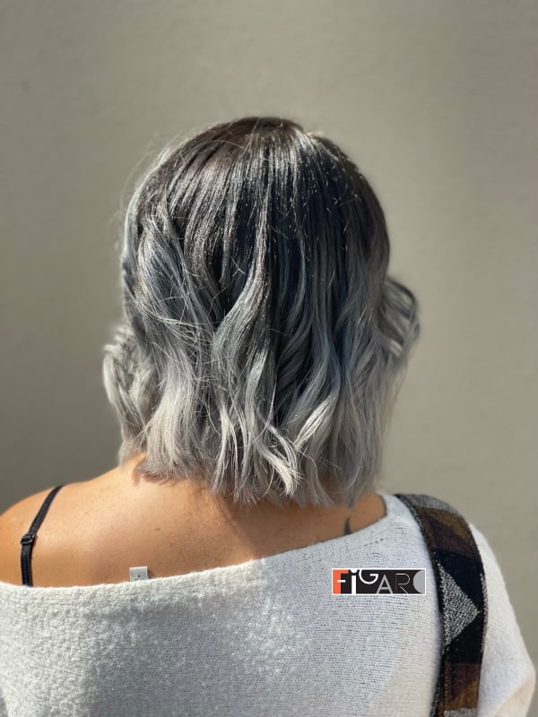 2021 Long Bob hairstyle w Silver gray Balayge by Figaro salon Team