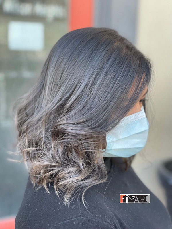 Long hairstyle w silver gray Balayage by Figaro salon Toronto