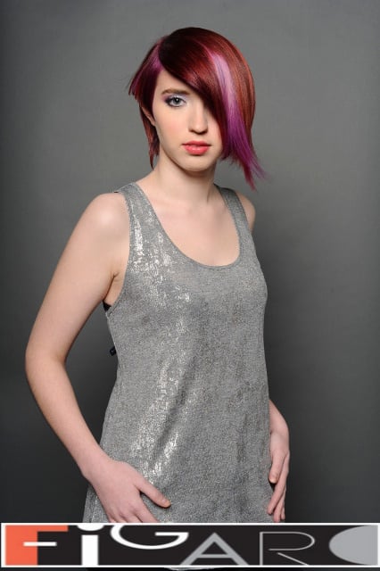 Asymmetrical Bob. Light Purple Streak  Red Hair by Figaro - Best Toronto's hair Salon