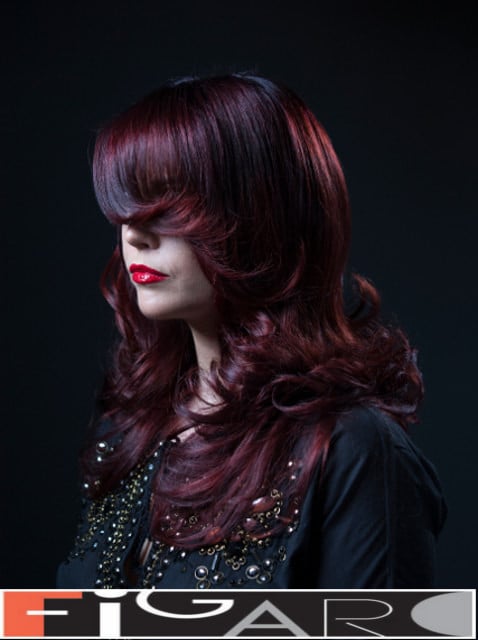 Multi Red w long layers style by Figaro Hair Salon Toronto