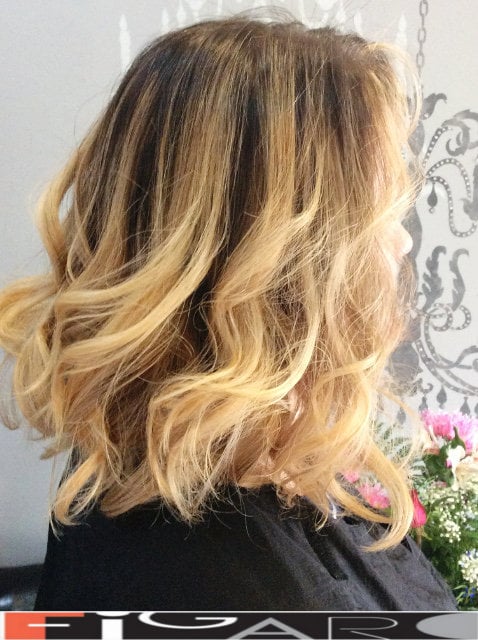 Light Blonde Ombre Balayage Medium layers Hair cut by Figaro Hair Salon Director