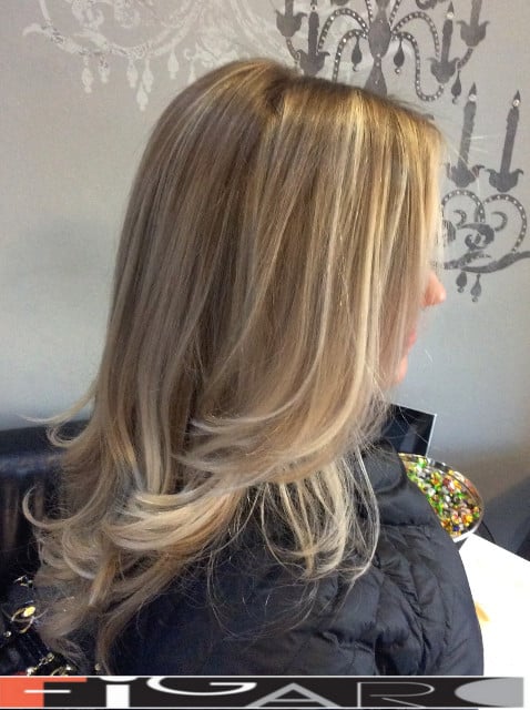 Beige Blonde Balayage Medium layers Hair cut by Figaro Hair Salon Director