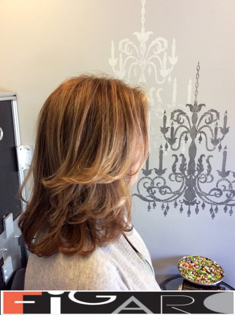 Strawberry blonde balayage Medium layers Hair cut Figaro Hair Salon Director